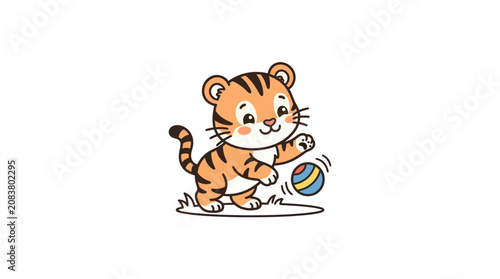 Vászonkép Cartoon tiger playing with ball.