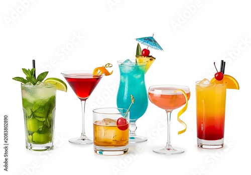 Colorful tropical cocktails with fruit and umbrellas on glass table