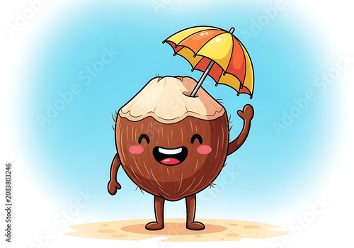 Cute coconut character holding colorful beach umbrella smiling