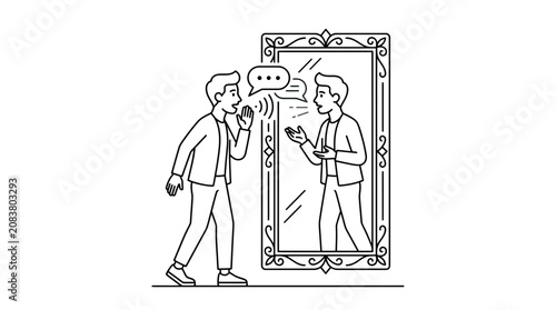 Tableau sur toile Man talking to reflection in mirror, self-talk, inner monologue, communication c