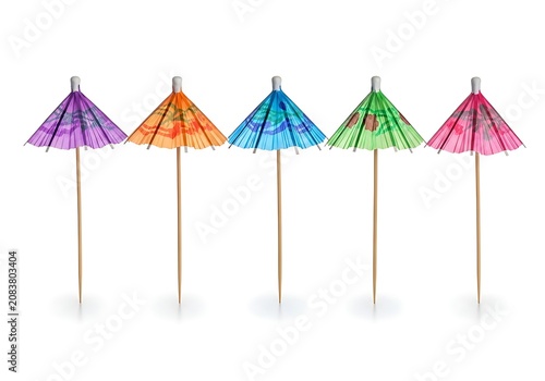 Five colorful party umbrellas in a row for drinks