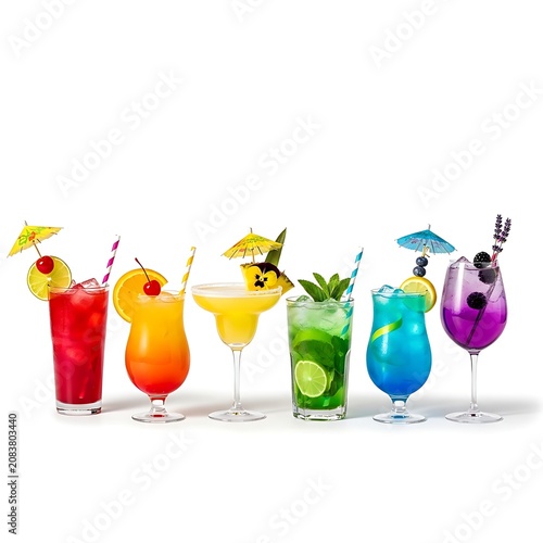 Five colorful summer cocktails with fruit and umbrellas