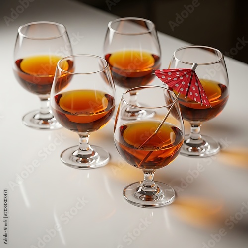 Five wine glasses with different colored drinks on table