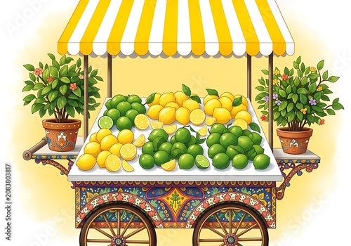 Fresh artichokes and lemons on market cart with plants