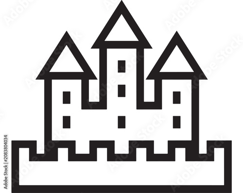 Billede på lærred Black and White Vector Illustration of a Castle Silhouette with Line Art Towers