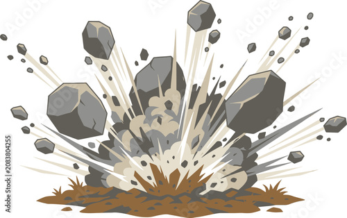 Foto Explosion of rocks and debris with dust cloud isolated on white background explo