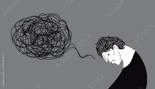 Принти на полотні depressed man with a tangled cloud of intrusive thoughts