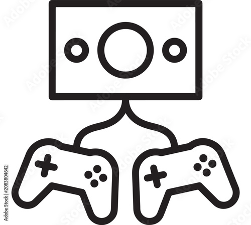 Black and White Vector Illustration of Gaming Console Controller Silhouette with Monitor and Two Joysticks, Line Art Graphic Drawing