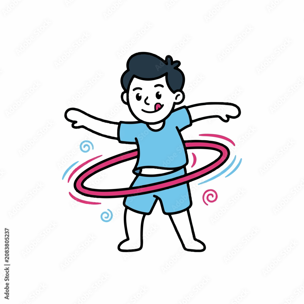 Fototapeta premium Active cartoon boy smiling while spinning a pink hula hoop around his waist, vector illustration isolated on white