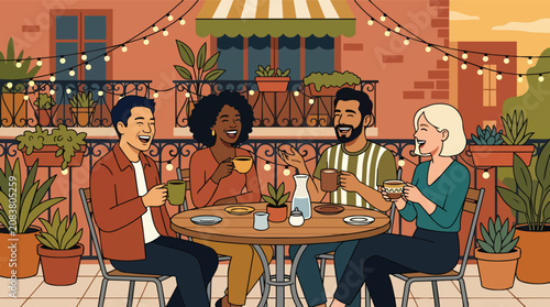 Diverse friends social gathering laughing at outdoor cafe balcony table with coffee in vibrant flat vector illustration for hospitality and lifestyle marketing