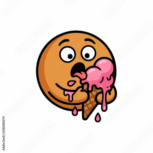 Fotografía Ilustrasi karakter kartun bulat lucu sedang memakan es krim cone stroberi yang m