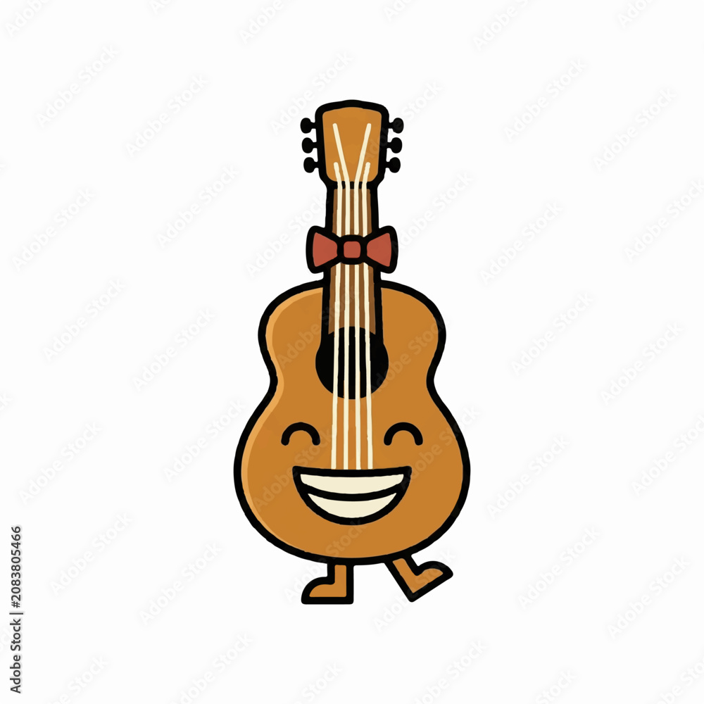 Fototapeta premium Cute cartoon acoustic guitar mascot character smiling and wearing a red bow tie, isolated on a white background