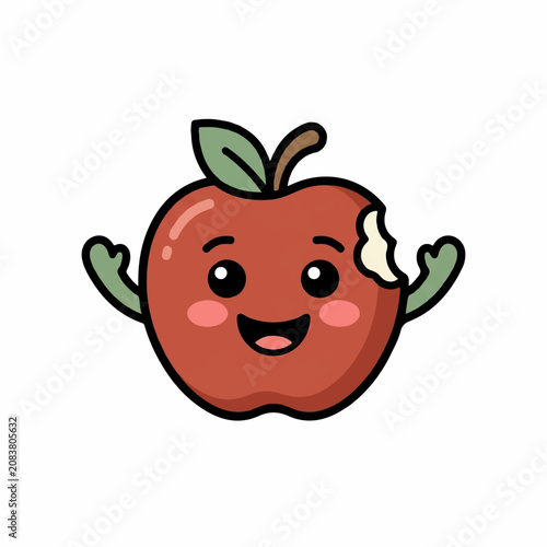 Cute cartoon red apple character with a happy smiling face and a bite mark waving hands isolated on white background