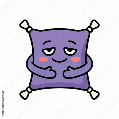 Cute purple pillow cartoon character with a sleepy face and pink cheeks isolated on white background