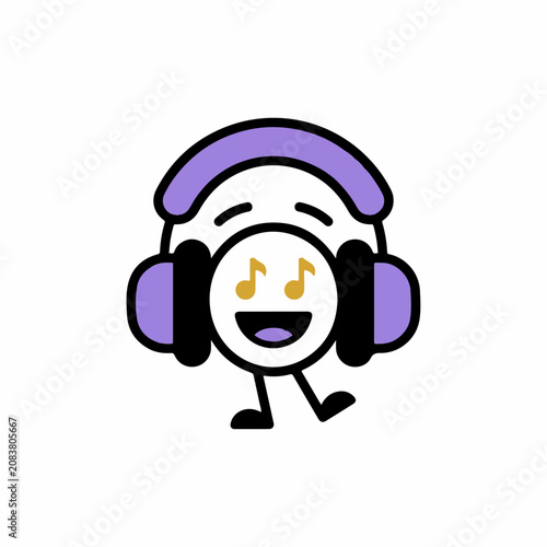 Cute cartoon stick figure character wearing purple headphones and listening to music with musical notes eyes on white background
