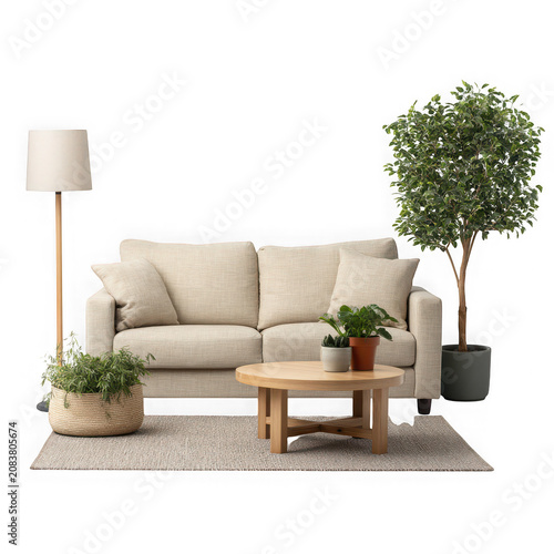 Modern living room with beige sofa and potted plant