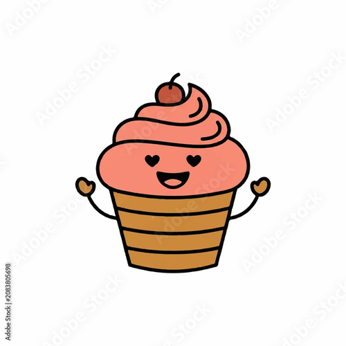 Cute cartoon cupcake character with heart eyes and cherry on top waving happily on white background
