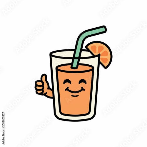 Cute cartoon glass of fresh orange juice mascot with a smiling face giving a thumbs up gesture, vector illustration isolated on white background
