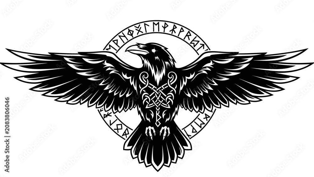 Obraz premium Norse Raven with Celtic Knotwork and Runes Illustration