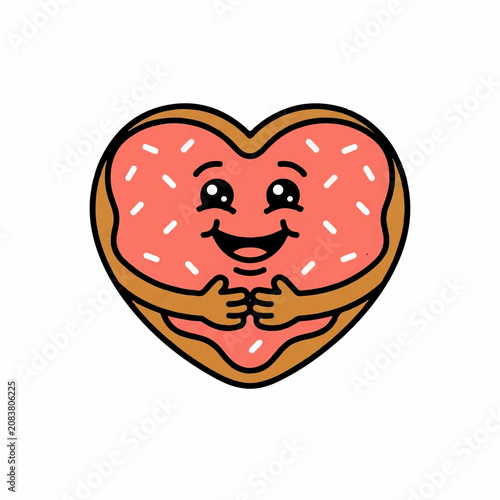 Cute heart shaped donut cartoon character with pink glaze and sprinkles hugging itself vector illustration isolated on white background