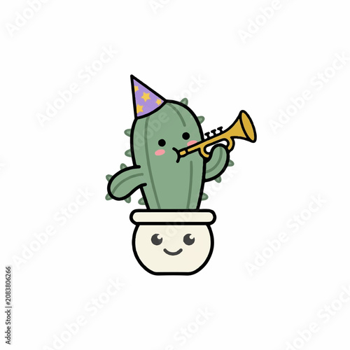 Cute cartoon cactus character wearing a party hat and playing a trumpet in a smiling pot