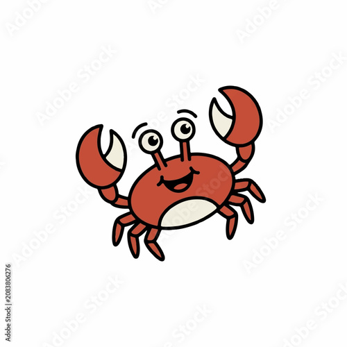 Cute cartoon red crab smiling with raised claws isolated on white background