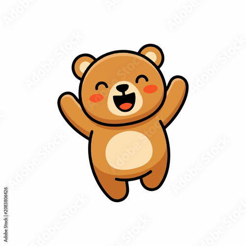 Cute cartoon brown teddy bear jumping and waving hands with a happy expression isolated on a white background