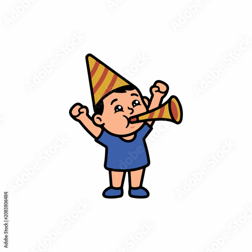 Cute cartoon boy wearing a party hat blowing a trumpet horn to celebrate a birthday or new year event isolated on white background