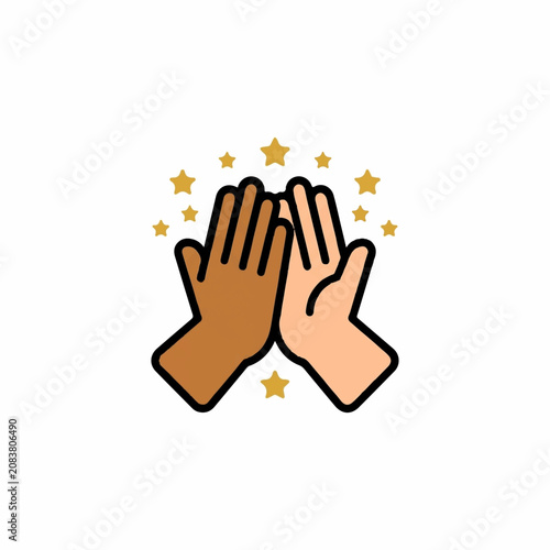 Multiracial high five gesture icon with gold stars representing teamwork, success, and diversity on a white background