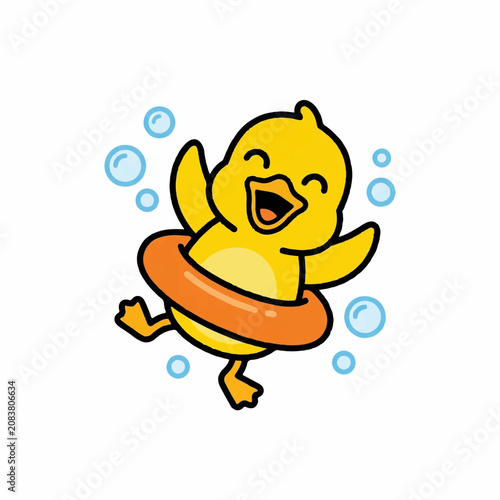 Cute cartoon little yellow duck wearing an orange swim ring and playing happily with water bubbles on a white background