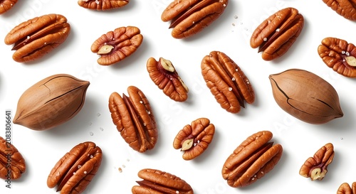 Top view of shelled pecan halves and whole pecans scattered on white background.