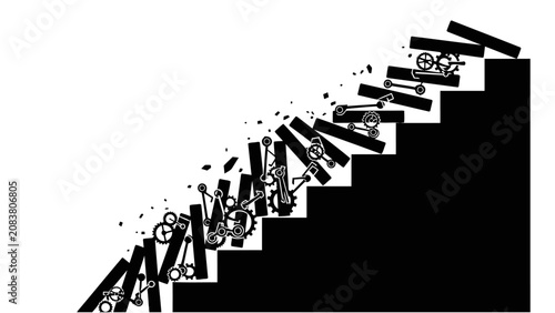 Domino Effect with Mechanical Gear Components Falling Down Stairs