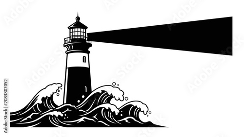 Φωτογραφία Black and White Lighthouse Illustration with Raging Ocean Waves