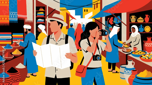 Photos Flat Vector Illustration of Two Tourists in a Bustling Foreign Market, One Study