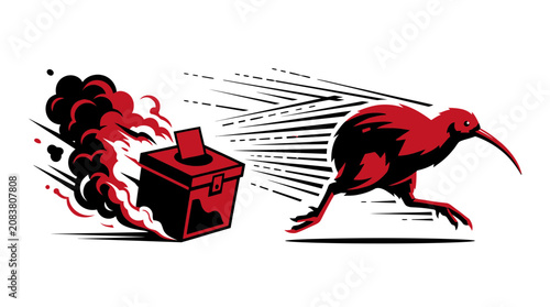 Obraz na plátne Kiwi bird running away from burning ballot box, election concept