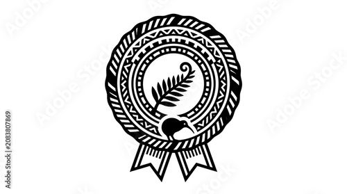 Tableau sur toile Maori Art Emblem with Kiwi Bird and Fern - Black and White