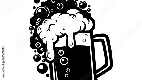 Tableau sur toile Black and White Beer Mug Illustration with Foam and Bubbles