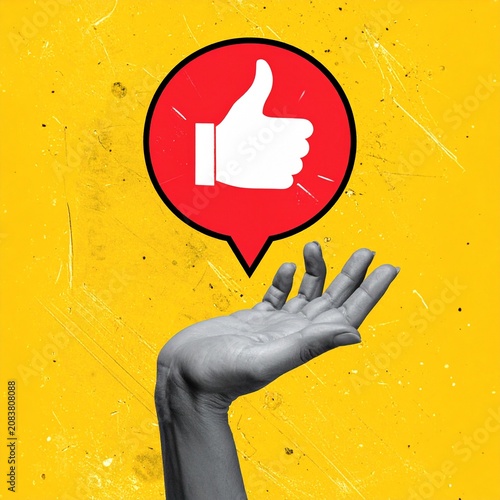 hand with thumb up speech bubble icon on yellow background