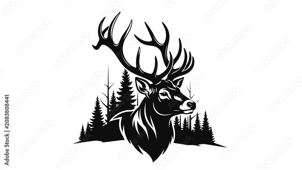 Fototapeta premium Stag deer head silhouette with pine forest background vector illustration