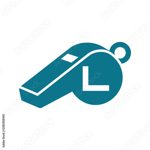Canvastavla Isolated teal whistle icon with a white letter L on a circular seal, symbolizing