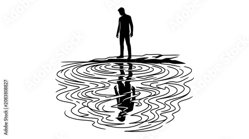 Canvastavla Man's Silhouette Reflecting in Rippling Water, Contemplation