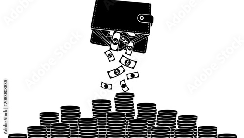 Black and White Wallet Emptying Money onto Stacks of Coins