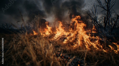 Foto A dramatic landscape scene of a forest fire with bright orange flames consuming dry grass and dark thick smoke billowing into the sky