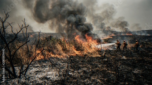Obraz na plátně Three firefighters working together to extinguish a wildfire in a field, using hoses to spray water on the flames and smoke-filled landscape