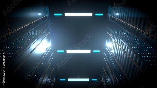 Wide commanding low angle static view revealing a massive data center featuring a submerged industrial computing environment inside a towering monolithic server racks.