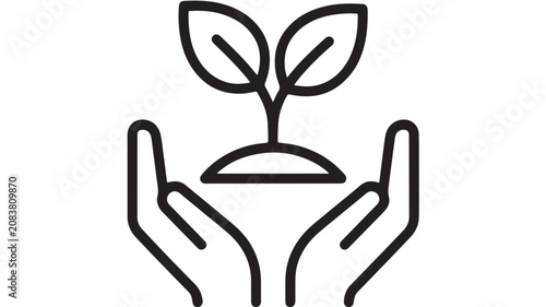 Minimalist Black and White Line Art Illustration of a Sprout Growing From Hands, Eco Care Icon, Isolated Vector Sketch