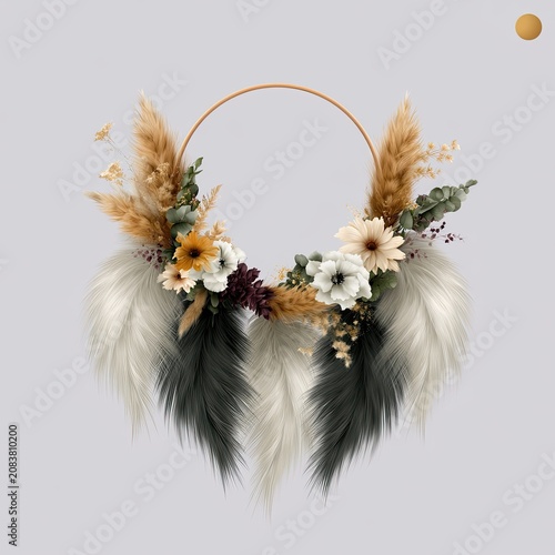 Boho Dreamcatcher Watercolor Illustration with Soft Pastel Feathers and Floral Elements Isolated on White Background