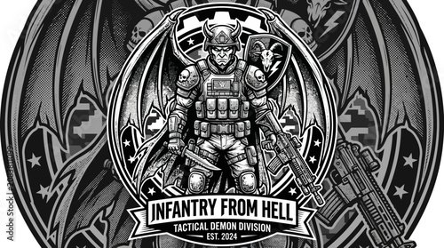Foto Demon Soldier Infantry From Hell Tactical Military Emblem Badge T-Shirt Design