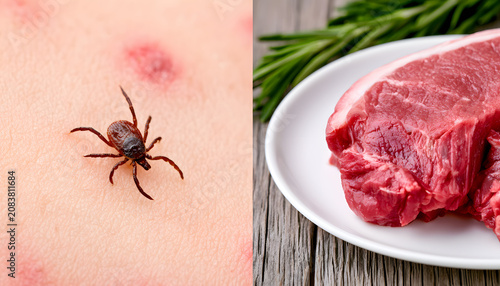 Tick bites from the lone star variety can result in red spots on the skin, connected to an allergy known as alpha-gal syndrome. Seeing raw red meat on a dish indicates a dietary association. Educating