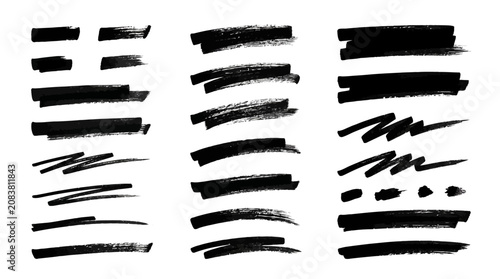 Black highlighter brush stroke lines set for underline banners, dry paint marker stripes, rough grunge ink smears and bold hand drawn highlight elements, Grunge paint lines
